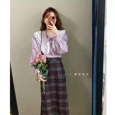 Berry likes you and likes Big Pang custom retro mid-length a-line skirt high waist thin plaid skirt