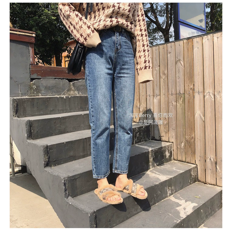 Berry thích bạn và niềm vui Quần jeans cạp cao cạp cao gửi thắt lưng thu đông 2018 phiên bản mới màu rắn Hàn Quốc