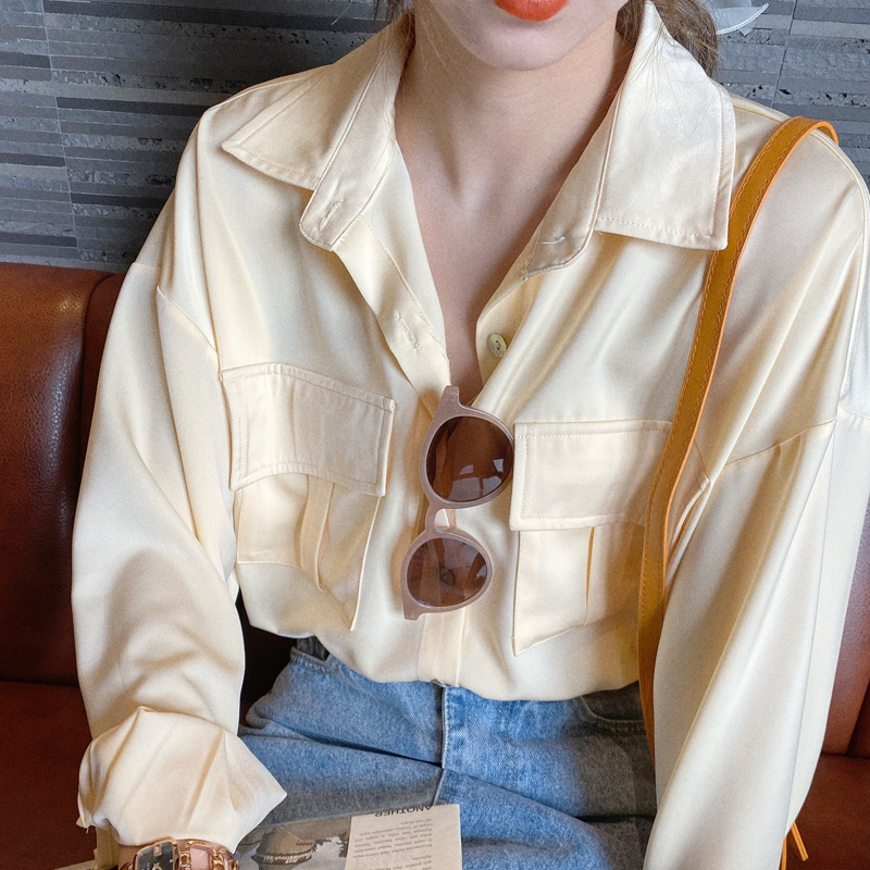 Berry likes you and loves Da Pang custom autumn new gentle solid color top temperament loose long-sleeved shirt women