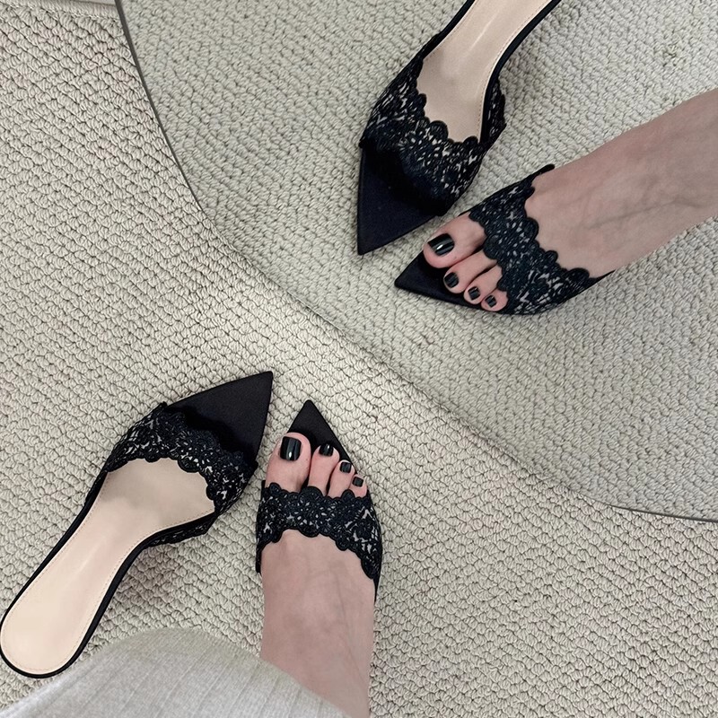 2026 Spring/Summer New Open-Toe Pointed Black Lace Mesh Slip-On Sexy High Heels for Women