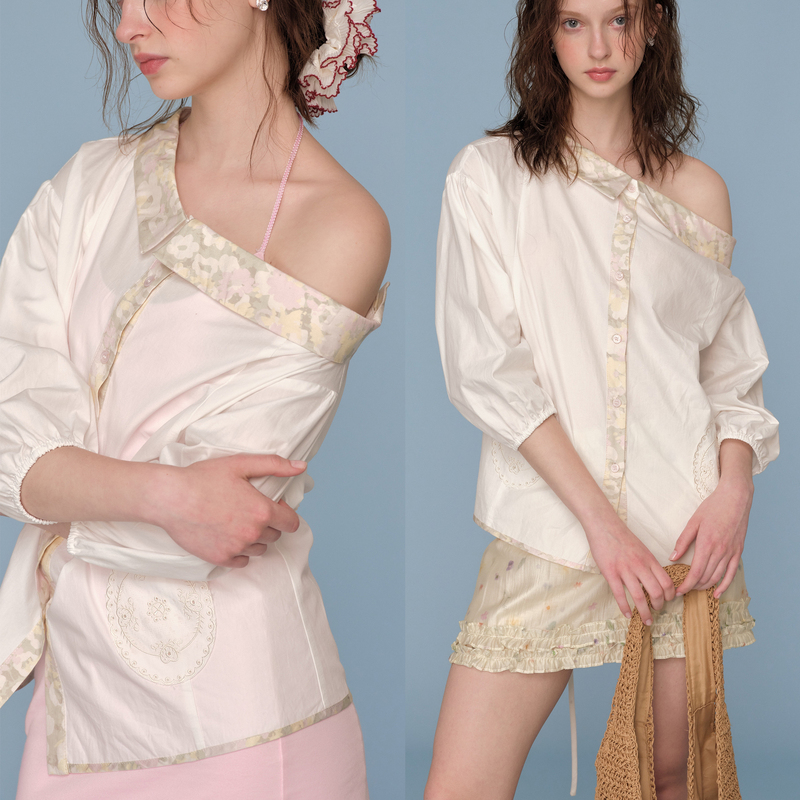 Jolly Onn Original Design Spring French Atmosphere "Hand-Embroidered Lapel Off-Shoulder Tie Shirt"