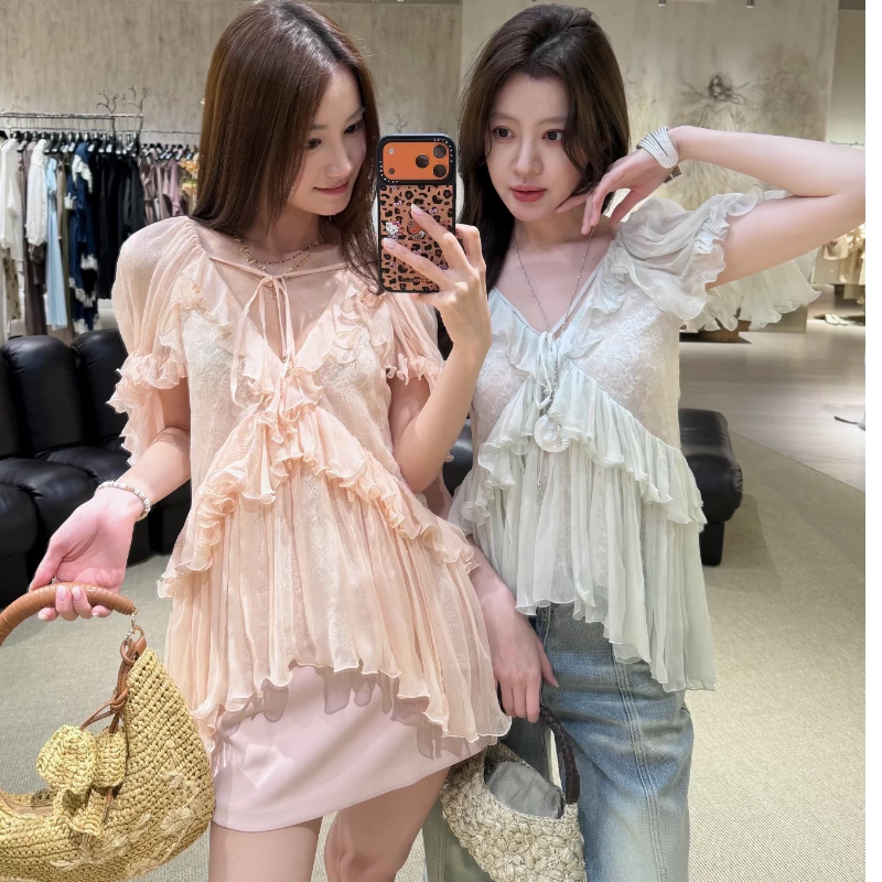 Current) Quality Version Riko Niche Design Model 2026 Summer Lace Elegant Three-Quarter Sleeve Ruffle Top