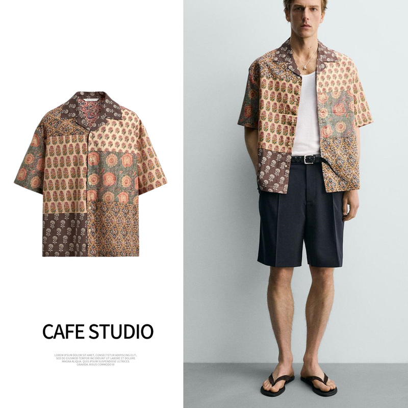 Summer New Men's Clothing French-Style Loose Bowling Shirt Collar Short-Sleeved Patchwork Printed Shirt 0881351