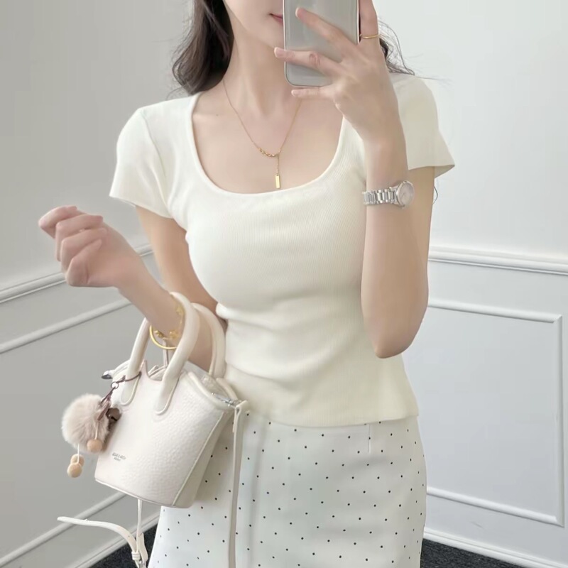 Korean-Style Pink Age-Reducing Square-Neck Waist-Cinching Short-Sleeved Knit Top for Women, Summer Slim-Fit Casual Versatile Chic Top