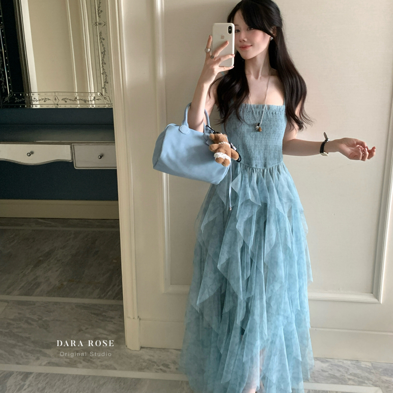 Dara Rose Store Genuine Product! Designer Blue Suspender Dress with Heavy Craftsmanship, Slim Fit, Waist-Cinching, Mesh Long Dress