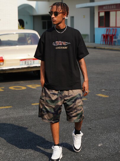 Califans American trendy hip-hop loose large size casual multi-pocket comfortable sports camouflage mesh five-point shorts for men