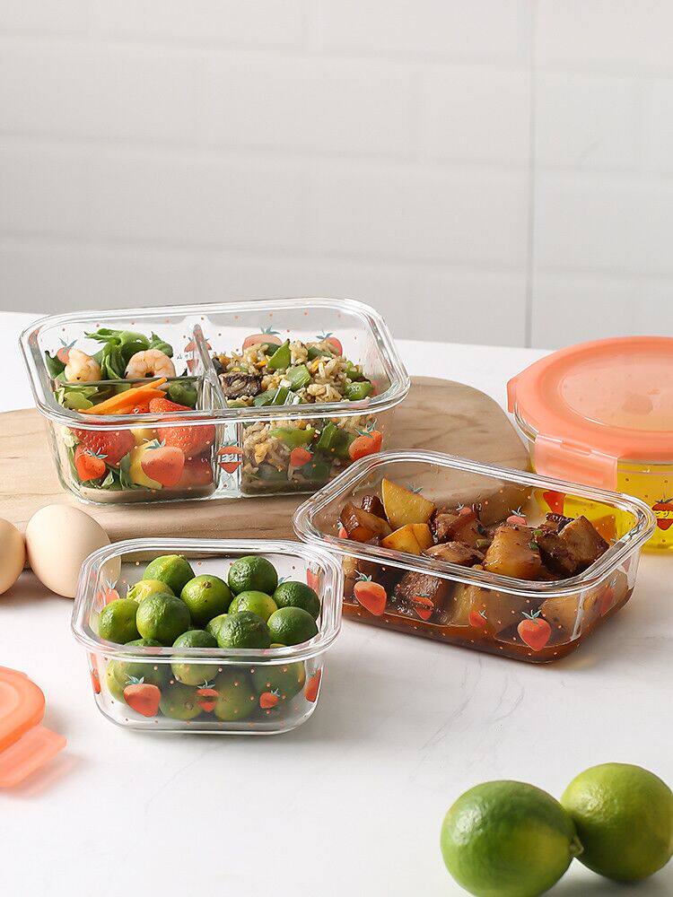 Cute strawberry heat-resistant glass refrigerator Fruit preservation box with lid Lunch box Microwave oven heated lunch box Non-food box