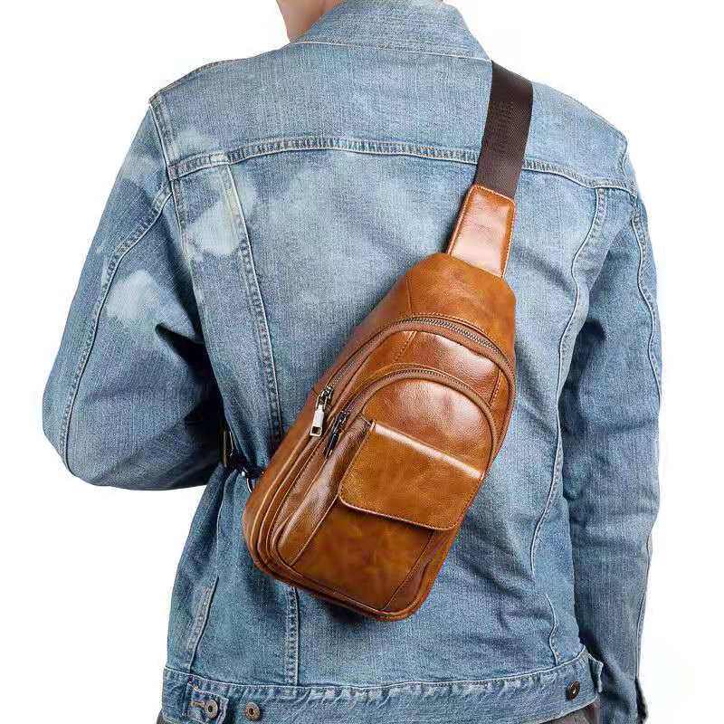 2022 new retro men's chest bag leather shoulder cross-body bag first layer leather small backpack fashion tide brand bag