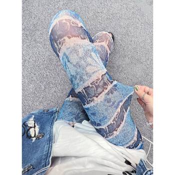 Mesh leggings for women's thin denim style elastic trousers elastic waist personality nine-point pants