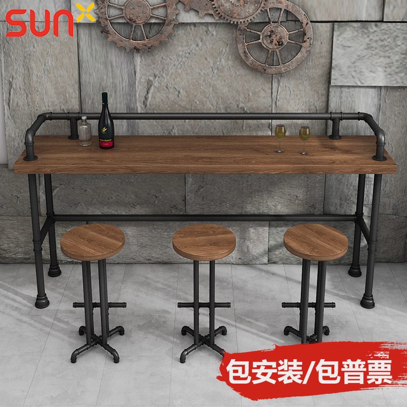 Retro wall solid wood bar table commercial water pipe rack high table and chair combination coffee shop milk tea shop long table