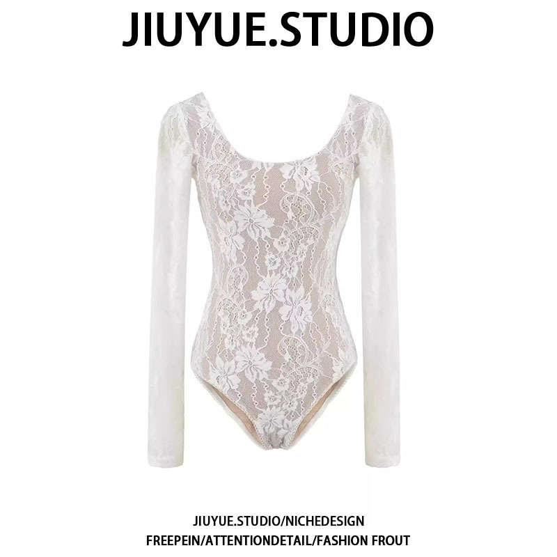 Jiuyue European and American Style Autumn Crochet Lace Crotchless T-Shirt Long-Sleeved Low-Neck One-Piece Mesh Top