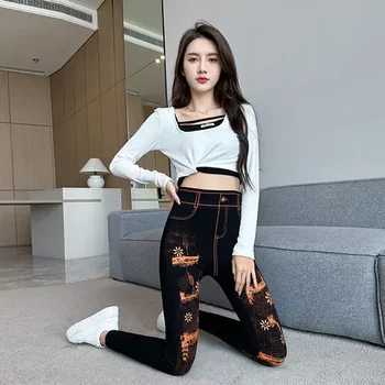2023 small leg pants high elastic tight legging style yoga pants leggings new outer wear imitation denim nine-point pants for women 2023 small leg pants high elastic tight legging style yoga pants leggings new outer wear imitation denim nine-point pants for women