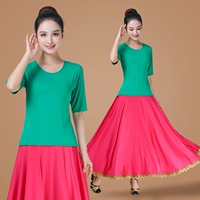 Зеленая средняя рукавиная + розовая красная золотая длинная юбка