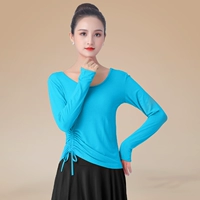 Синий лонгслив, круглый воротник, на шнурках