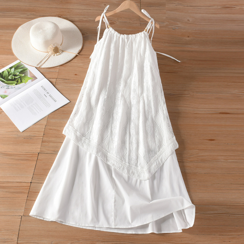 Bohemian Ethnic Style Women's Summer Cotton Silk Fake Two-Piece Petite Suspender Dress White Beach Dress Dress