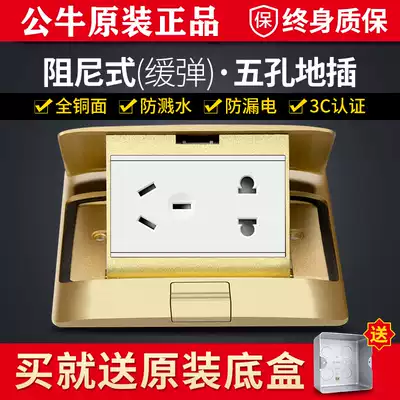 Bull damping ground plug full copper waterproof five-hole hydraulic slow spring household ground two or three sockets 5 hole ground socket