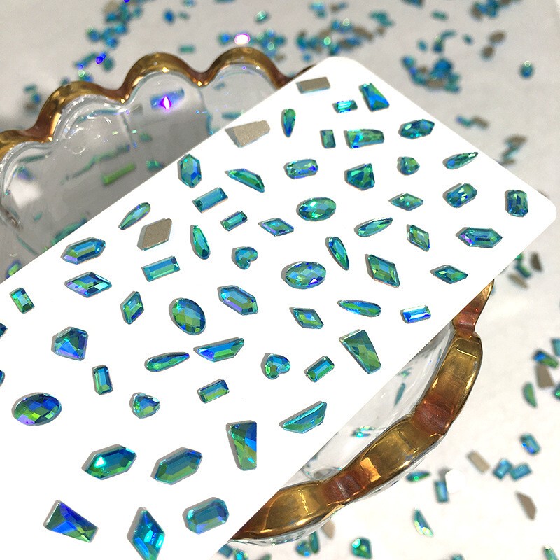 2024 New Peacock Blue Maple Leaf Diamond Mini Flat-Bottomed Irregular Nail Art Nail Diamond Blue-Green Iridescent Mixed Diamond Decoration