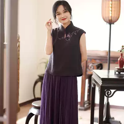 Zhu's original (half-branch Fenghua) jacquard satin fragrant cloud yarn top Chinese sleeveless retro embroidery women's clothing