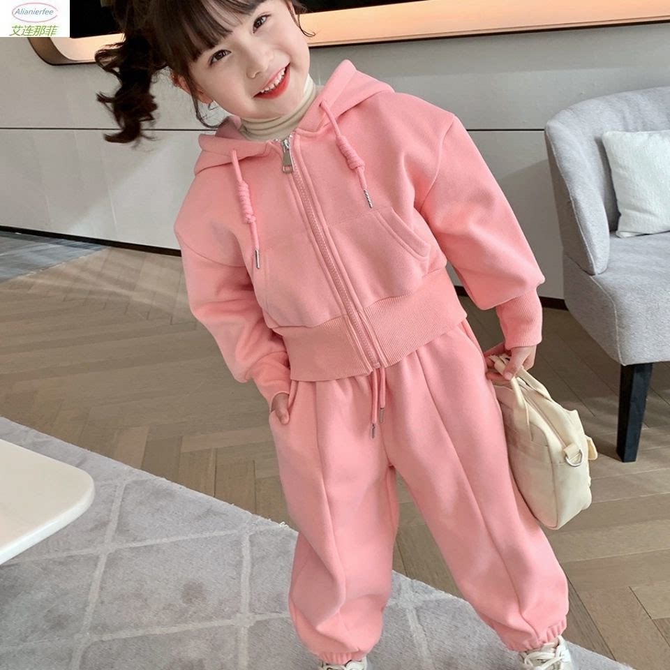 Early spring new women's clothing suits girls plus velvet winter clothing 2022 Western style children's hooded warm little girl two-piece suit