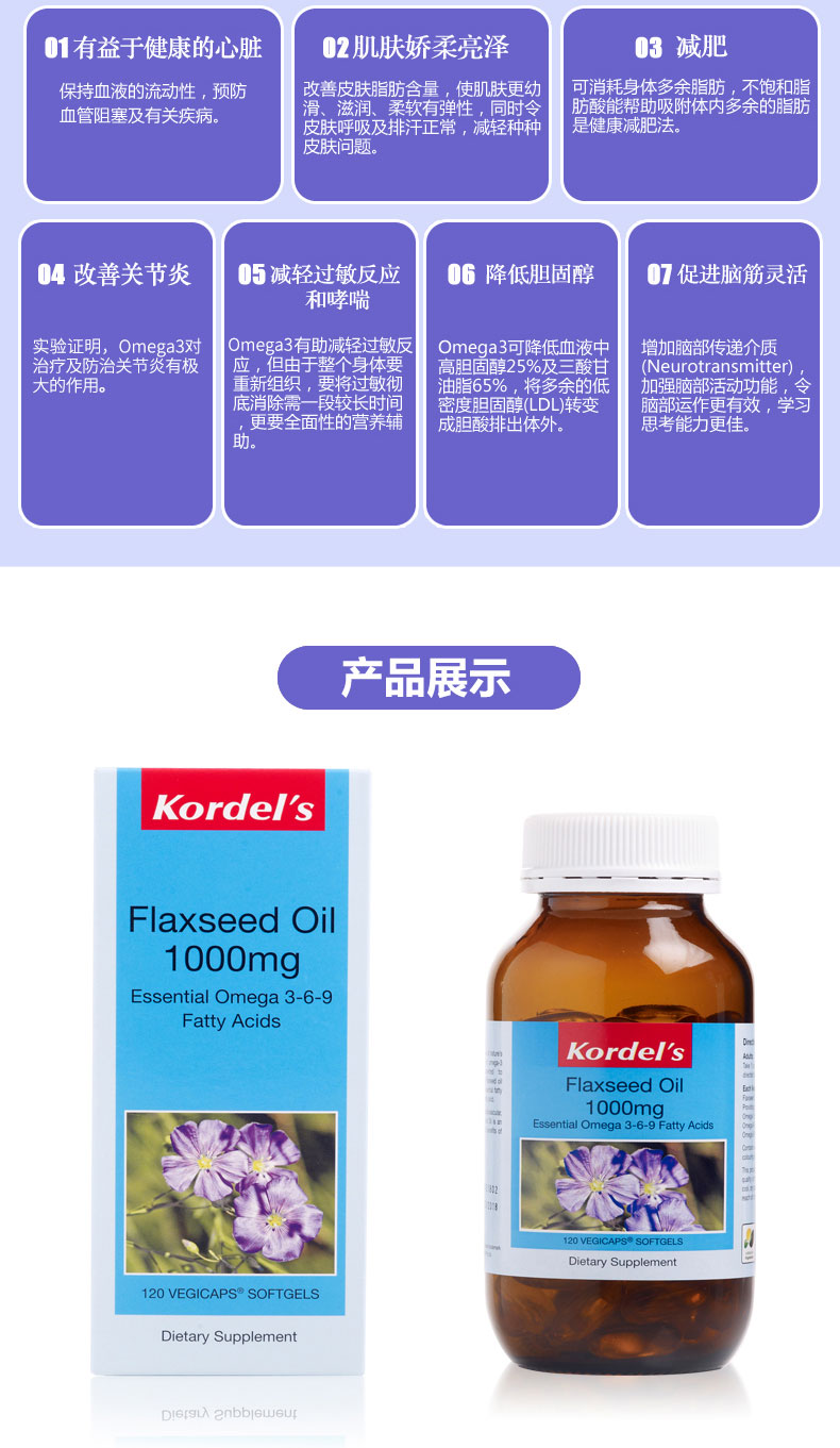 Singapore Kordel từ hạt lanh Dầu hạt mềm Viên nang điều hòa máu Lipid thực vật tự nhiên Bổ sung 120 viên - Thức ăn bổ sung dinh dưỡng tao xoan