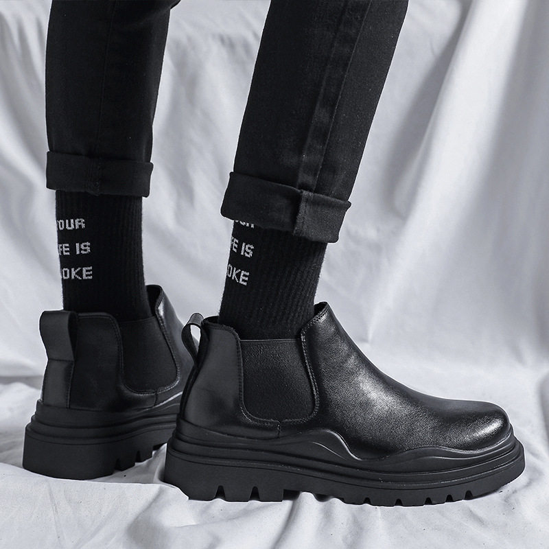 Men's shoes high-top retro low-top ankle boots leather autumn and winter plus velvet inner heightened leather shoes British style black Martin boots