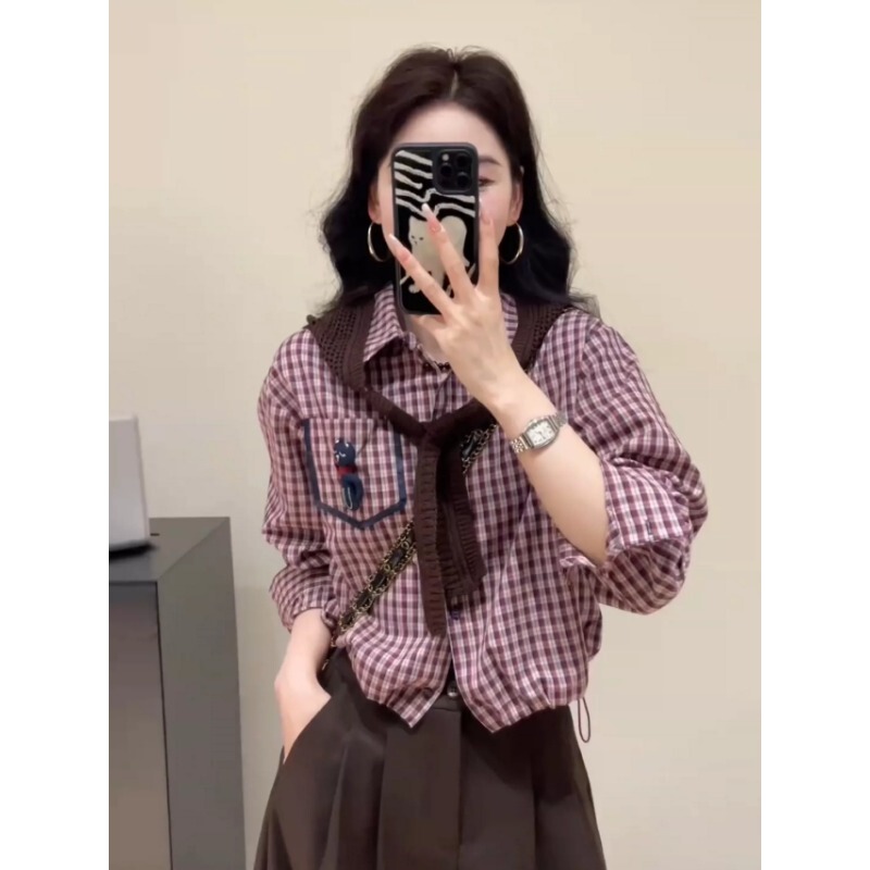 Korean Style Retro Shawl + Plaid Shirt, Plaid Shirt for Women, 2026 New Popular Style, Layered Top Two-Piece Set
