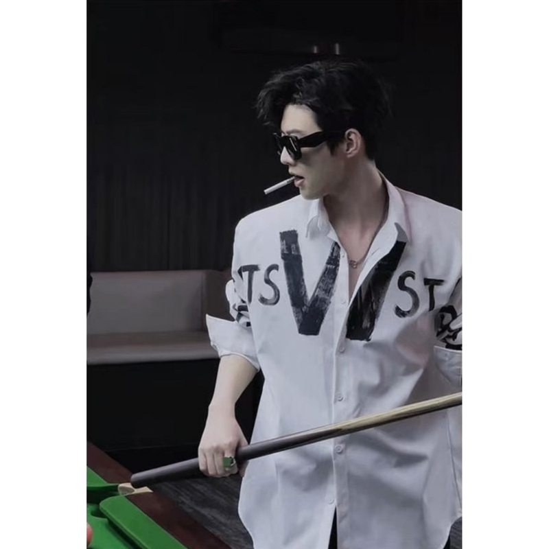 2026 Spring/Summer Men's Shirt New Trendy American Art Graffiti Black Letter Print Loose Long Sleeve Shirt