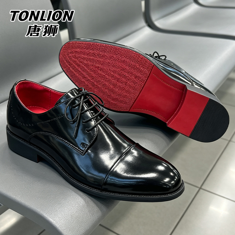 Tangshi Three-Strap Derby Shoes, Formal Business Commuting Trendy Versatile Lace-Up Leather Shoes, Red Sole Patent Leather Casual Men's Shoes