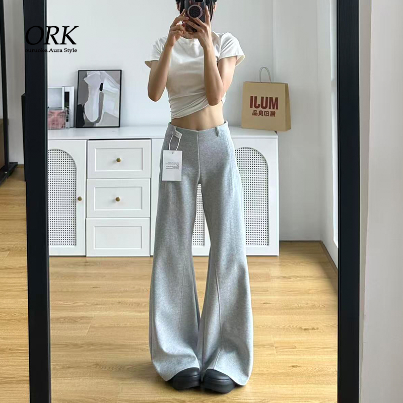 Gray V-Waist Design Flared Casual Sweatpants for Women, Spring and Summer, Low-Waisted, Loose, Non-Tight, Drapey, Floor-Length Bell-Bottom Pants
