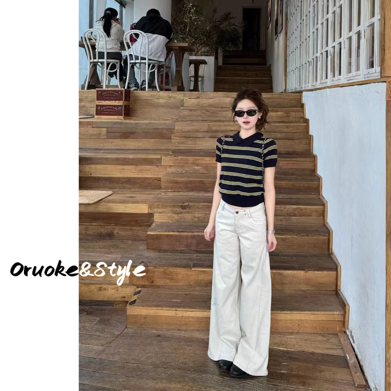 Low-Waisted Straight Loose Flared Jeans for Women 2026 Summer Korean Style White Wide-Leg Studded Design Casual Pants
