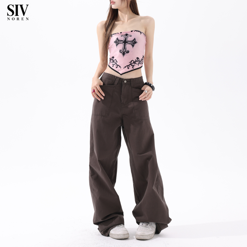 Sivnoren~Low-Waisted Straight-Leg Brown Cargo Pants for Women, Stylish and Cool, Casual, Slimming, Loose Wide-Leg Long Pants Sivnoren~Low-Waisted Straight-Leg Brown Cargo Pants for Women, Stylish and Cool, Casual, Slimming, Loose Wide-Leg Long Pants