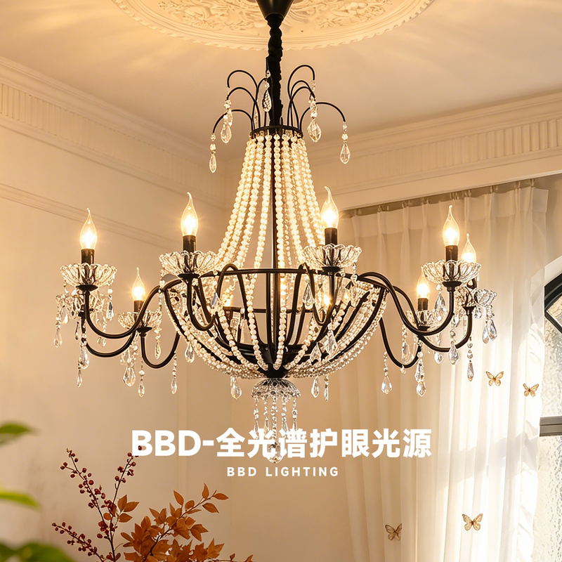 Crystal Main Living Room Chandelier, French Luxury Black High-End Vintage Bar Counter Dining Room Lamp, 2026 New Model Bedroom Lamp