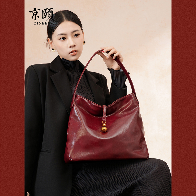 Jingyi New Chinese Style Wedding Bag Bride's Tea Ceremony and Return Banquet Handbag Wine Red Oil Wax Leather Underarm Bag Large Capacity