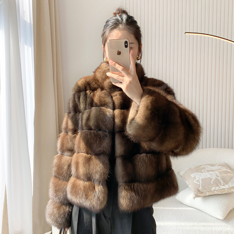 2026 New Model Russian Imported Starry Short Mink Coat with Stand Collar, Fashionable Horizontal Striped Mink Fur Coat for Women 2026 New Model Russian Imported Starry Short Mink Coat with Stand Collar, Fashionable Horizontal Striped Mink Fur Coat for Women