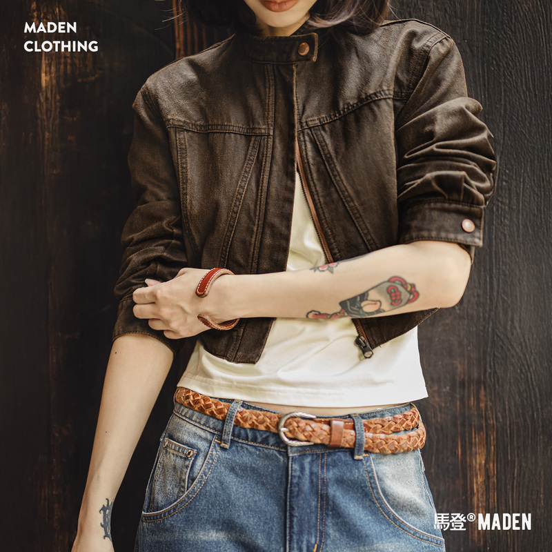 Maden American Retro Maillard Stand-Collar Niche Oil-Waxed Suede Jacket Slim-Fit Short Biker Jacket for Women Autumn