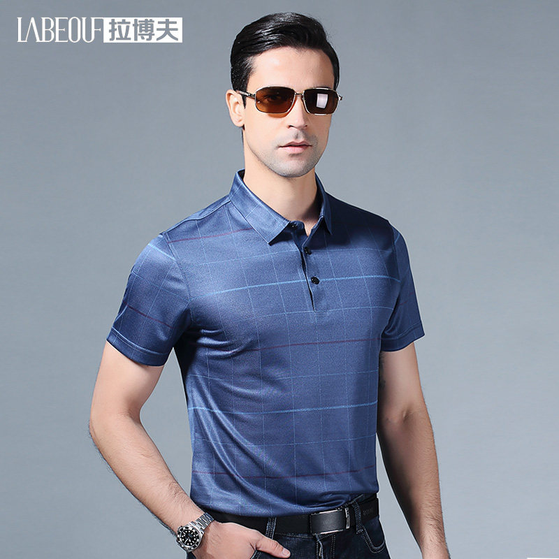 LaBeouf plaid silk T-shirt men's business casual middle-aged father's summer breathable cool feeling mulberry silk short sleeves