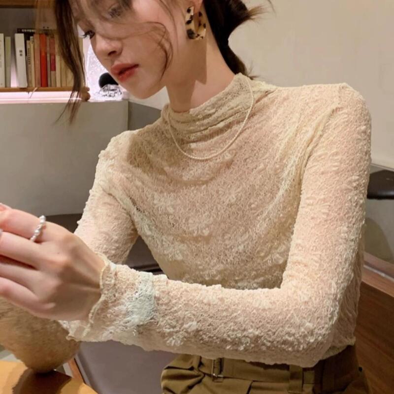 Half Turtleneck Lace Sweater Layered with a Base Layer, Feminine and Slightly See-Through, Jacquard Mesh, Stylish Long Sleeves for Spring and Autumn