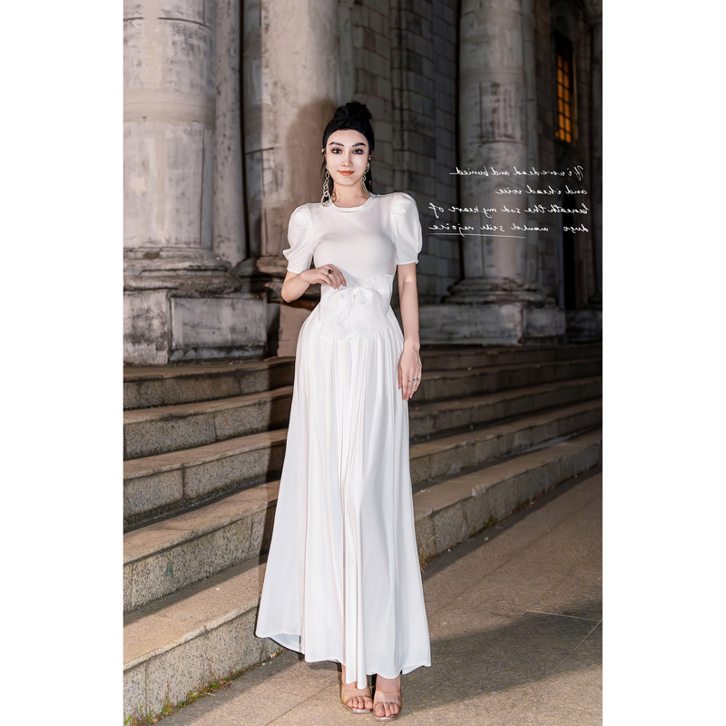 Star 141319 Original Design Elegant and Luxurious Socialite Bow White Moonlight Long Dress Goddess Style Dress