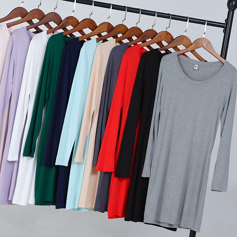 Modal Long-Sleeve T-Shirt Dress, Mid-Length T-Shirt Dress, Slim-Fitting Bodycon Dress for Women, Base Layer Shirt
