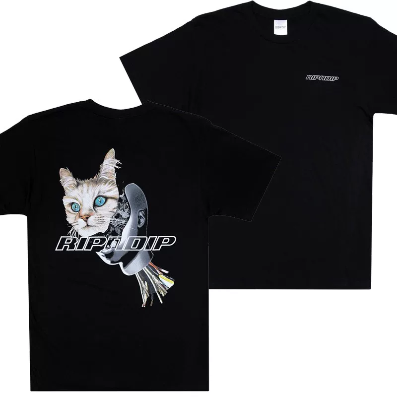 Американский трендовый бренд RIPNDIP сардельная котик средний палец коротким рукавом футболка-подделка киберпанковский кот киборг кот киборг в том же стиле для мужчин и женщин