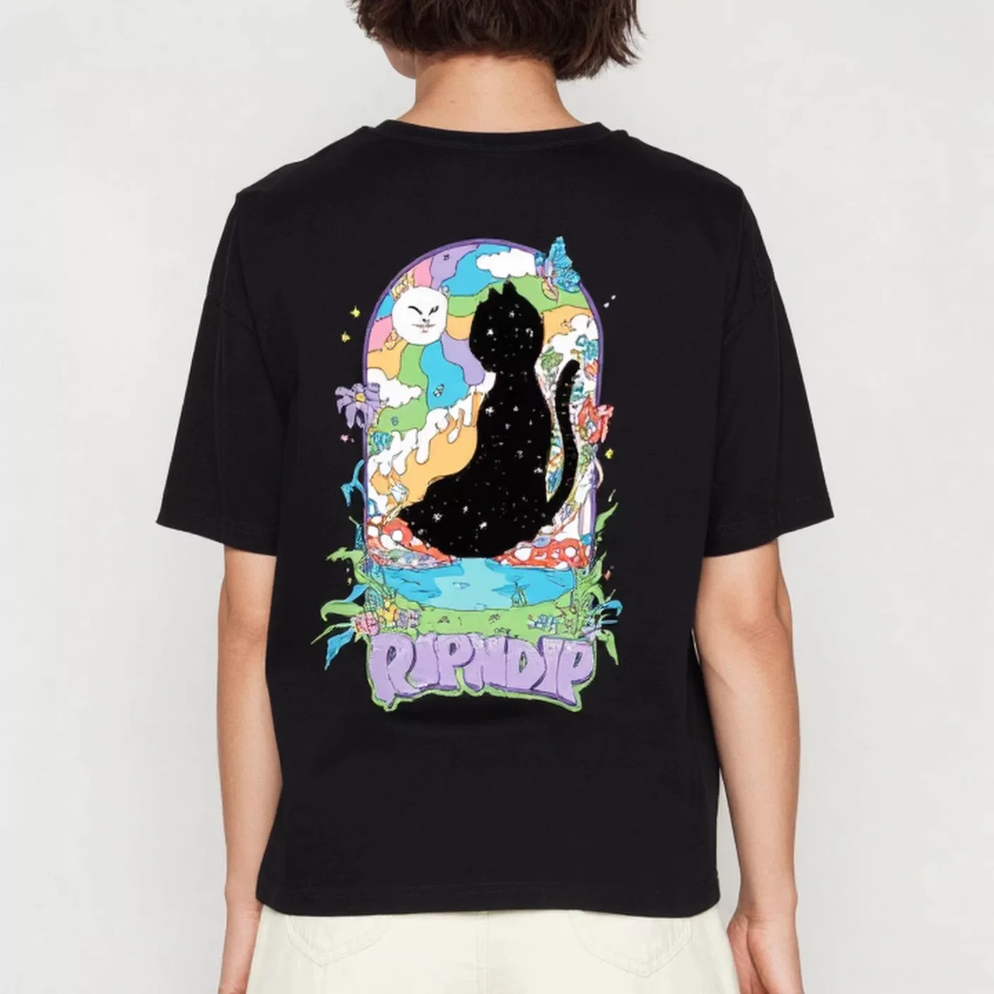 Американский модный бренд RIPNDIP, кот с поднятым средним пальцем, хлопковая футболка с короткими рукавами, сад, загадочная чёрная кошка, забавная мультфильмовая повседневная