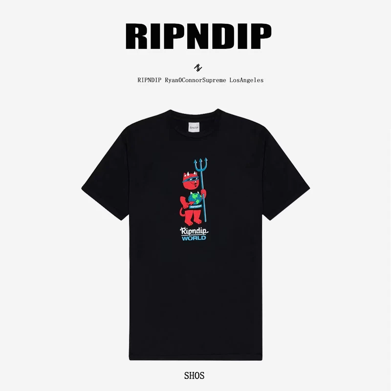 [Spot] Американская футболка с коротким рукавом RIPNDIP: маленький котёнок Hellcat, рисунок букв, круглый ворот, модный бренд для пары
