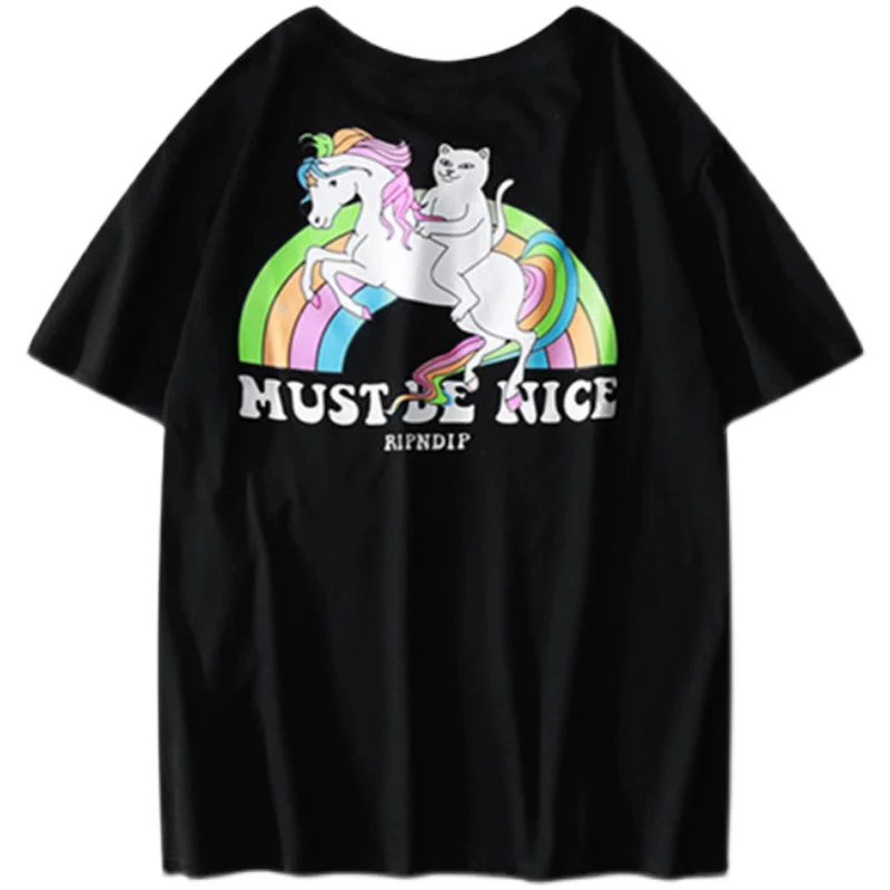 Американский модный бренд RIPNDIP базовый кот, футболка с короткими рукавами, средний палец, кот-под карманом, радужный единорог, простой принт, хлопок, модный бренд