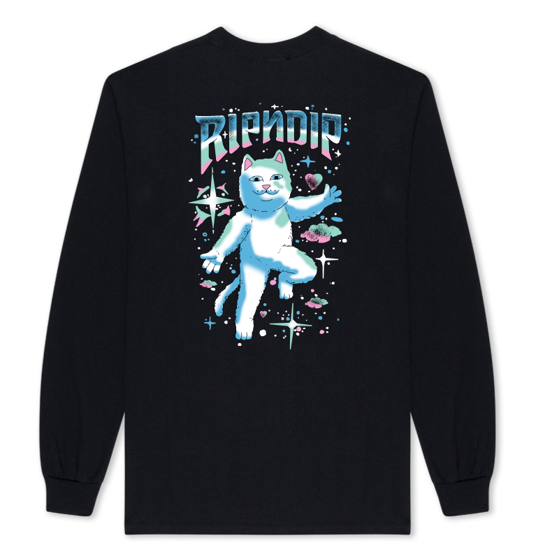 RIPNDIP Mean Cat High Street Style Arctic Meteor Cat Print Long Sleeve T-Shirt Women"s Black Loose and Versatile Top