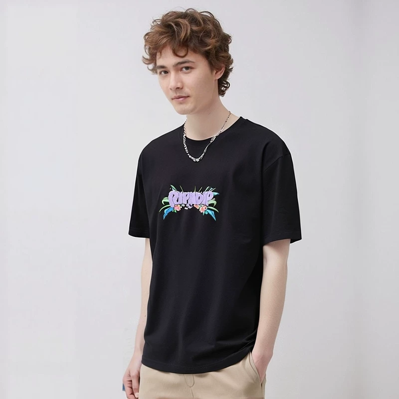 Американский модный бренд RIPNDIP, кот с поднятым средним пальцем, хлопковая футболка с короткими рукавами, сад, загадочная чёрная кошка, забавная мультфильмовая повседневная