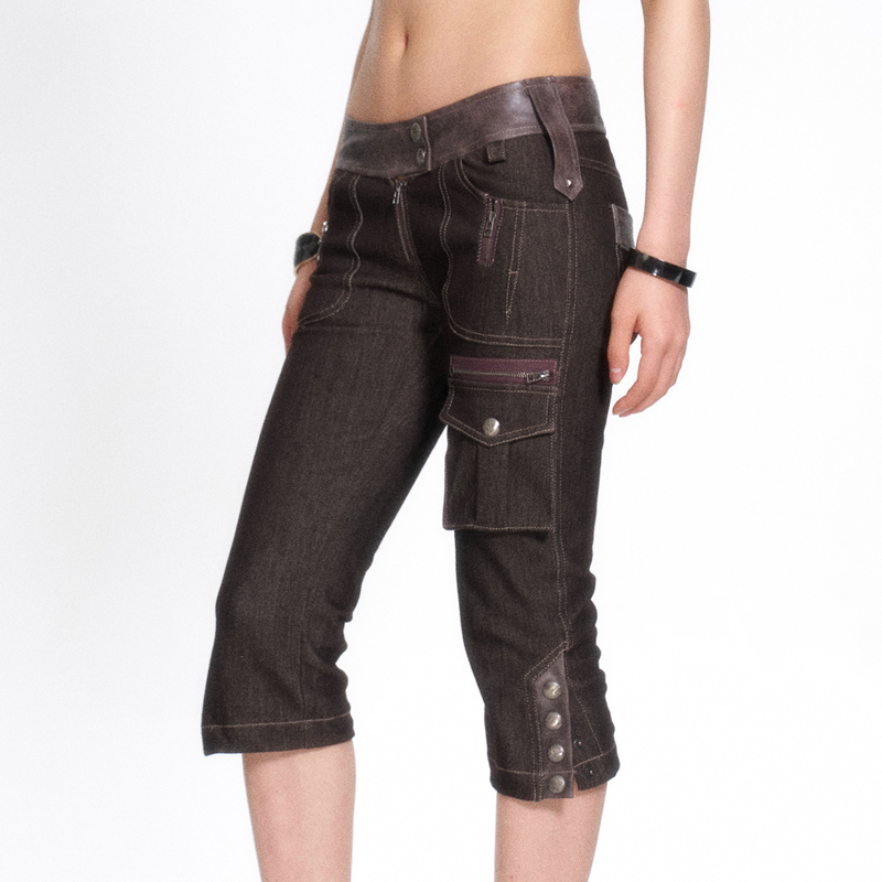 Floirds Market Heavy-Duty Multi-Pocket Topstitched Pu Leather Patchwork Denim High-Stretch Capri Pants