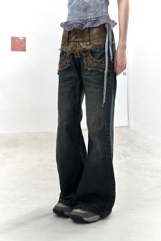 Flowers Birds Market Original Embroidered Heavy-Duty Leather Patchwork Washed Trousers with the Theme of Plant Secrets Flowers Birds Market Original Embroidered Heavy-Duty Leather Patchwork Washed Trousers with the Theme of Plant Secrets