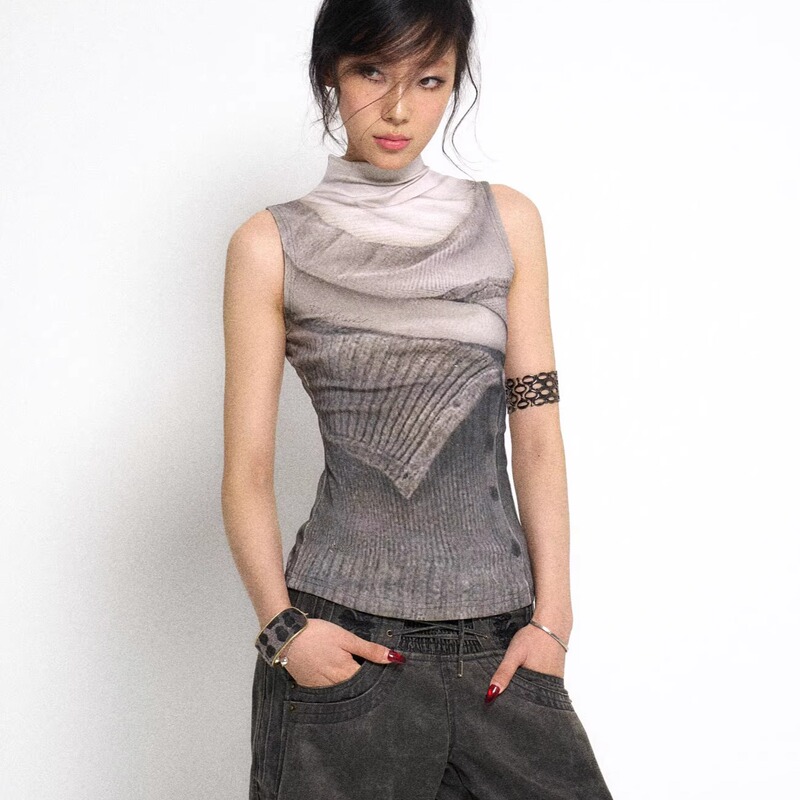 Floirds Market Stylish Gray Faux Print Half-High Collar Pure Cotton Stretch Slim-Fit Knit Vest