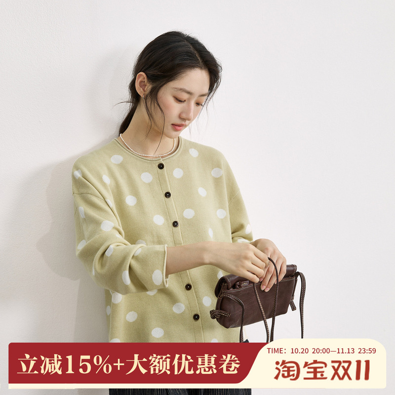 Zhuoai Polka Dot Round Neck Knitted Cardigan for Women, Autumn Artistic Loose Fit Drop Shoulder Long Sleeve Polka Dot Casual Short Jacket