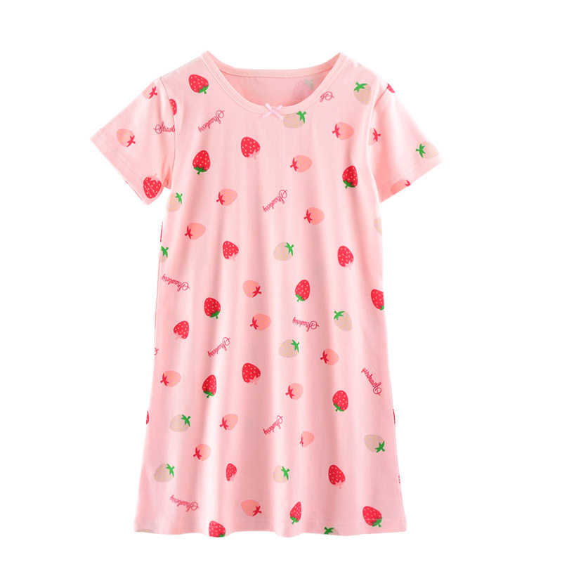 Children Sleeping Pyjamas Summer Princess Summer Princess Short Sleeve Ocean Dress Girl Pure Cotton Strawberry Pattern CUHK Boy Girl's Home Clothes